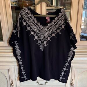 Oversized Johnny Was Navy and White Embroidered Tunic Top
